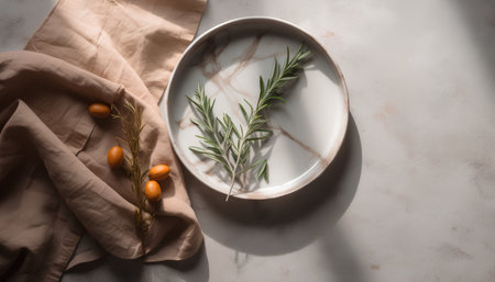 Fresh rosemary, sea buckthorn berries and olive oil in a ceramic bowl on a light backgroundの素材