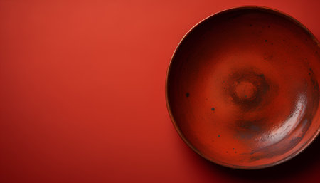 Empty ceramic plate on a red background. Top view. Copy space.の素材