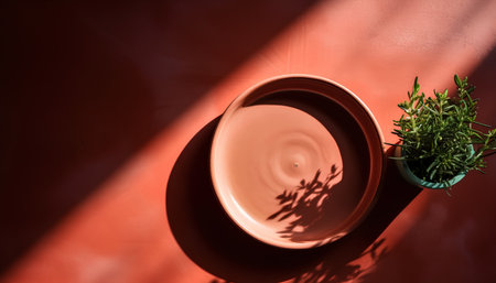 Empty ceramic plate with shadow on red wall. Minimal style.の素材