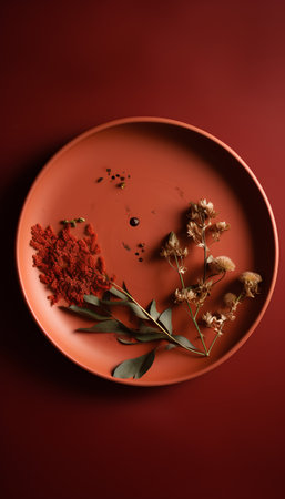Red plate with dried flowers and eucalyptus leaves on a red backgroundの素材