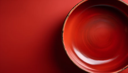 Empty ceramic bowl on red background. Top view. Copy space.の素材