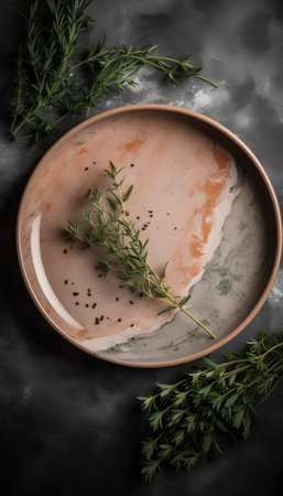 Ceramic plate with rosemary and spices on a dark backgroundの素材