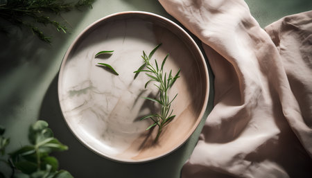Fresh rosemary twigs on a white plate on a green tableclothの素材