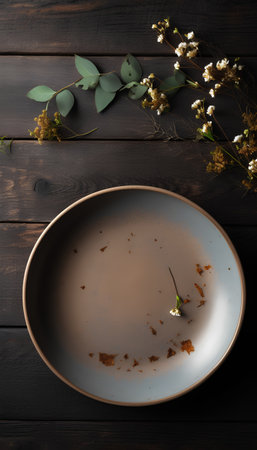 Empty plate with dried flowers and eucalyptus branches on dark wooden backgroundの素材