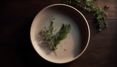 Fresh herbs in a ceramic bowl on a wooden table. Toned.の素材