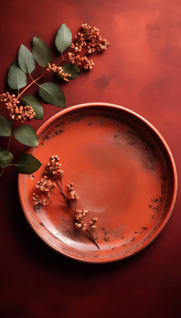 Empty ceramic plate with eucalyptus branch on red backgroundの素材