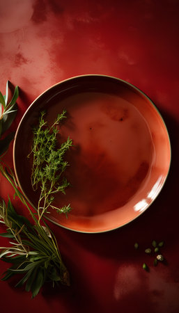top view of empty red plate with herbs and spices on red backgroundの素材