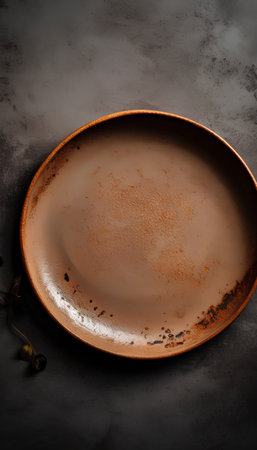 Empty brown ceramic plate on black background. Top view. Copy space.の素材