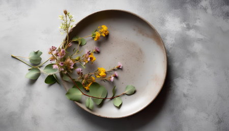 Rustic plate with dried flowers and eucalyptus branches on concrete backgroundの素材