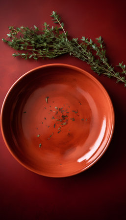Red ceramic plate with thyme on red background. Top view.の素材