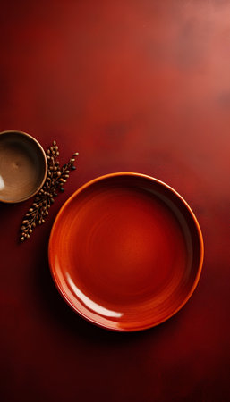 Empty plate and coffee cup on red leather background. Top view.の素材