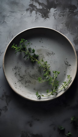 Fresh thyme twigs in a ceramic plate on a dark backgroundの素材
