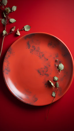 Red plate with eucalyptus branch on red background.の素材