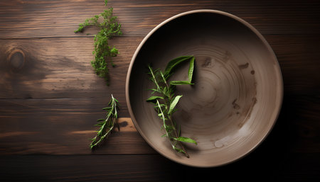 Plate with sprigs of fresh herbs on a wooden backgroundの素材