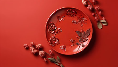 Red plate with floral ornament on red background. Flat lay, top viewの素材
