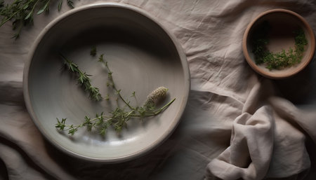 Still life with herbs in a ceramic plate on a tablecloth.の素材