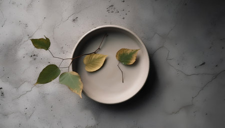 Empty ceramic plate with autumn leaves on concrete background, top view.の素材