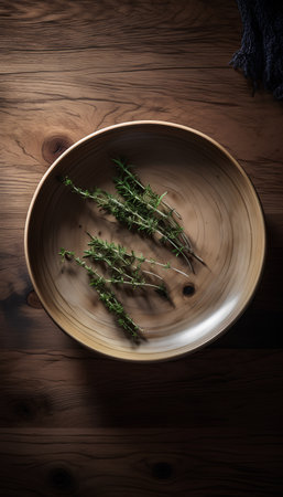 Thyme twig in a wooden plate on a wooden backgroundの素材
