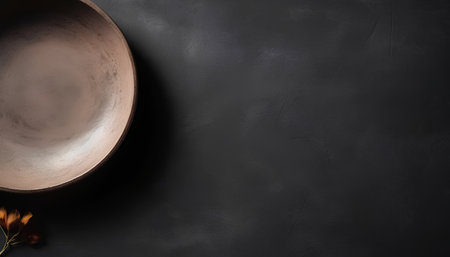 Empty plate on a black background. Top view with copy space.の素材