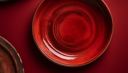 Empty ceramic plate on red background. Top view. Copy space.の素材