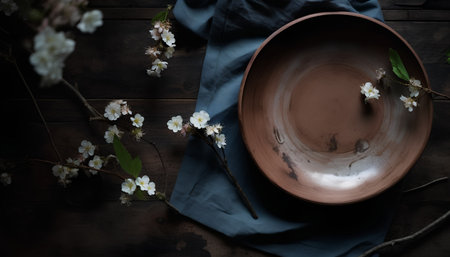 Ceramic plate and spring flowers on a dark wooden background.の素材