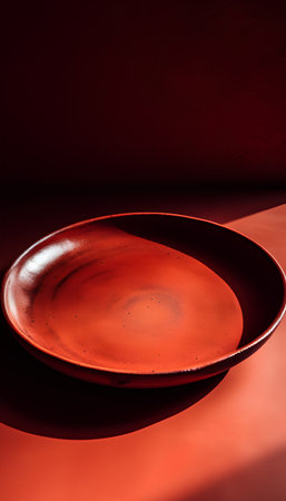Empty ceramic plate on a red background. Copy space for text.の素材