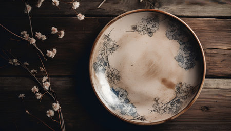 Empty plate and dried flowers on wooden background, top view, copy spaceの素材