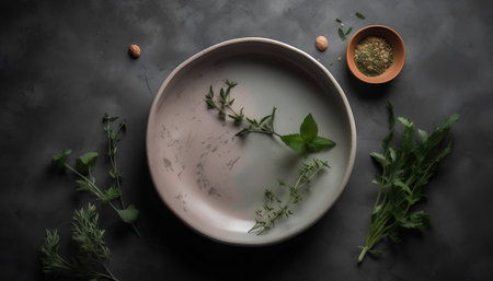 Herbs and spices in a ceramic bowl on a dark background.の素材