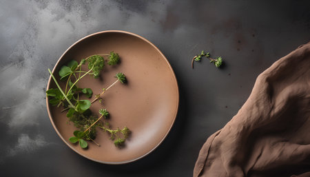 Ceramic plate with thyme and parsley on dark backgroundの素材