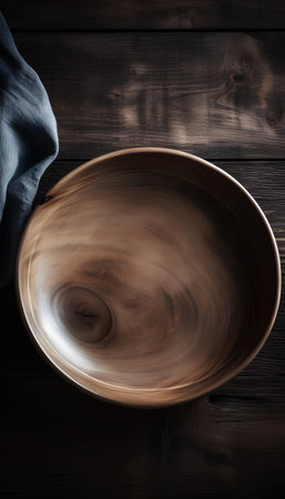 Empty wooden plate on dark wooden background, top view, copy spaceの素材
