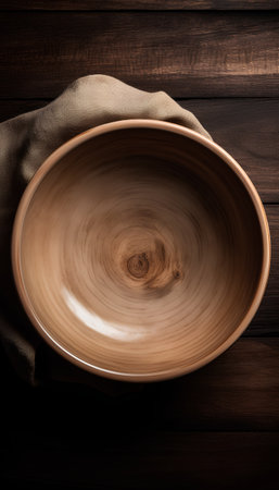 Empty wooden bowl with linen cloth on old wooden background. Toned.の素材