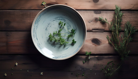 Bowl of thyme and rosemary on a wooden background.の素材