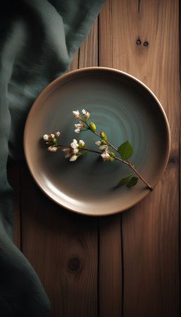 Cherry blossom on a plate on a wooden background. Selective focus.の素材