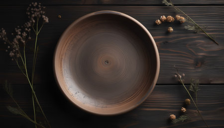Empty wooden plate and dry flowers on dark wooden background. Top viewの素材