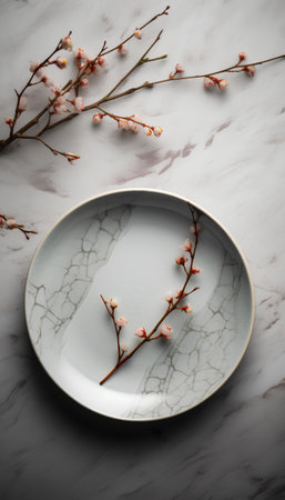 Plum blossom in a ceramic plate on a marble background.の素材