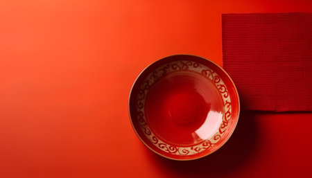 Red Chinese tea cup on red background. Copy space for text.の素材