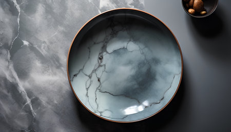 Empty ceramic plate on black marble background. Top view. Copy space.の素材