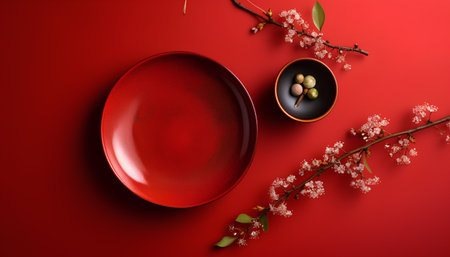 Empty red plate, bowl and branch of blossoming sakura on red background. Top viewの素材