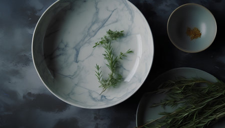 Top view of a white ceramic plate with fresh thyme and rosemary on a dark backgroundの素材