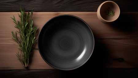 Black plate with rosemary on wooden background. Top view. Flat lay.の素材