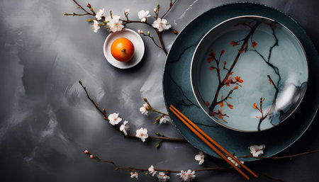 Easter table setting with cherry blossom branches, plates and chopsticks on black background. Top viewの素材