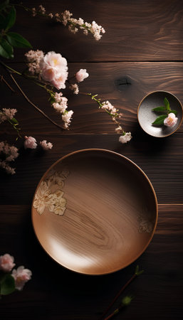 Empty wooden plate and sakura blossom on dark wooden background.の素材