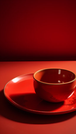 ceramic bowl and saucer on a red background with a shadowの素材