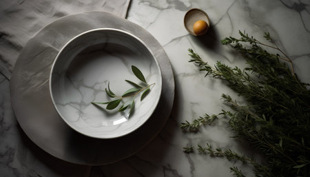 Easter table setting with olive branch and eggle background, top viewの素材