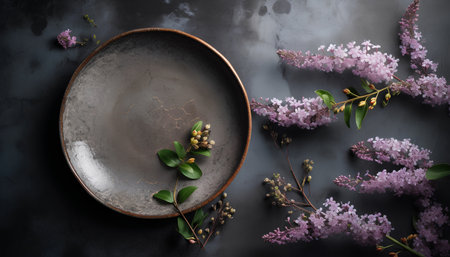 Rustic table setting with lilac flowers and empty plate on dark backgroundの素材