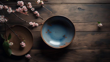 Top view of empty blue plate and plate with cherry blossom branch on wooden backgroundの素材