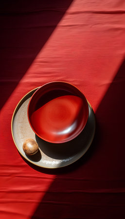Empty red ceramic plate and egg on red tablecloth with rays of light from windowの素材