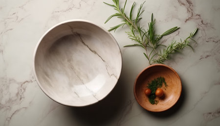 Bowl and sprigs of rosemary on a marble backgroundの素材