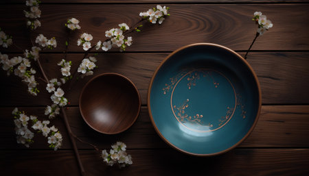 Plate and wooden spoon with cherry blossoms on a wooden backgroundの素材