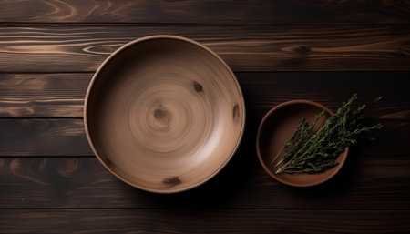 Wooden bowl and plate with thyme on a dark wooden backgroundの素材